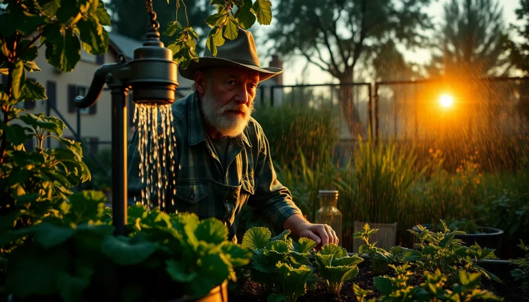 Vieux tuyau d'arrosage et potager florissant