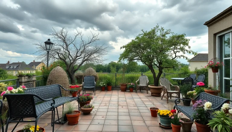 Une terrasse de jardin en désordre, avec des débris et des meubles renversés après une tempête.