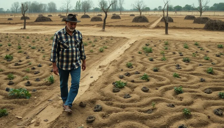 Un champ de légumes desséchés et craquelés par la sécheresse, avec une famille regardant avec désespoir.
