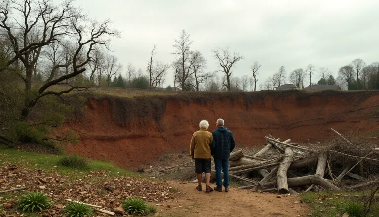Jardin transformé en champ de ruines suite à un effondrement de terrain