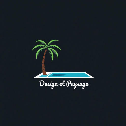 Logo design et paysage constitué d'un palmier et d'une piscine.