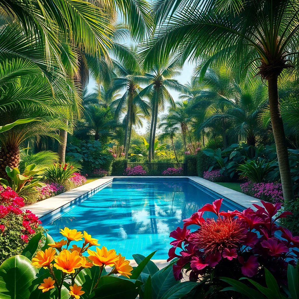 Jardin luxuriant avec une piscine en plein milieu