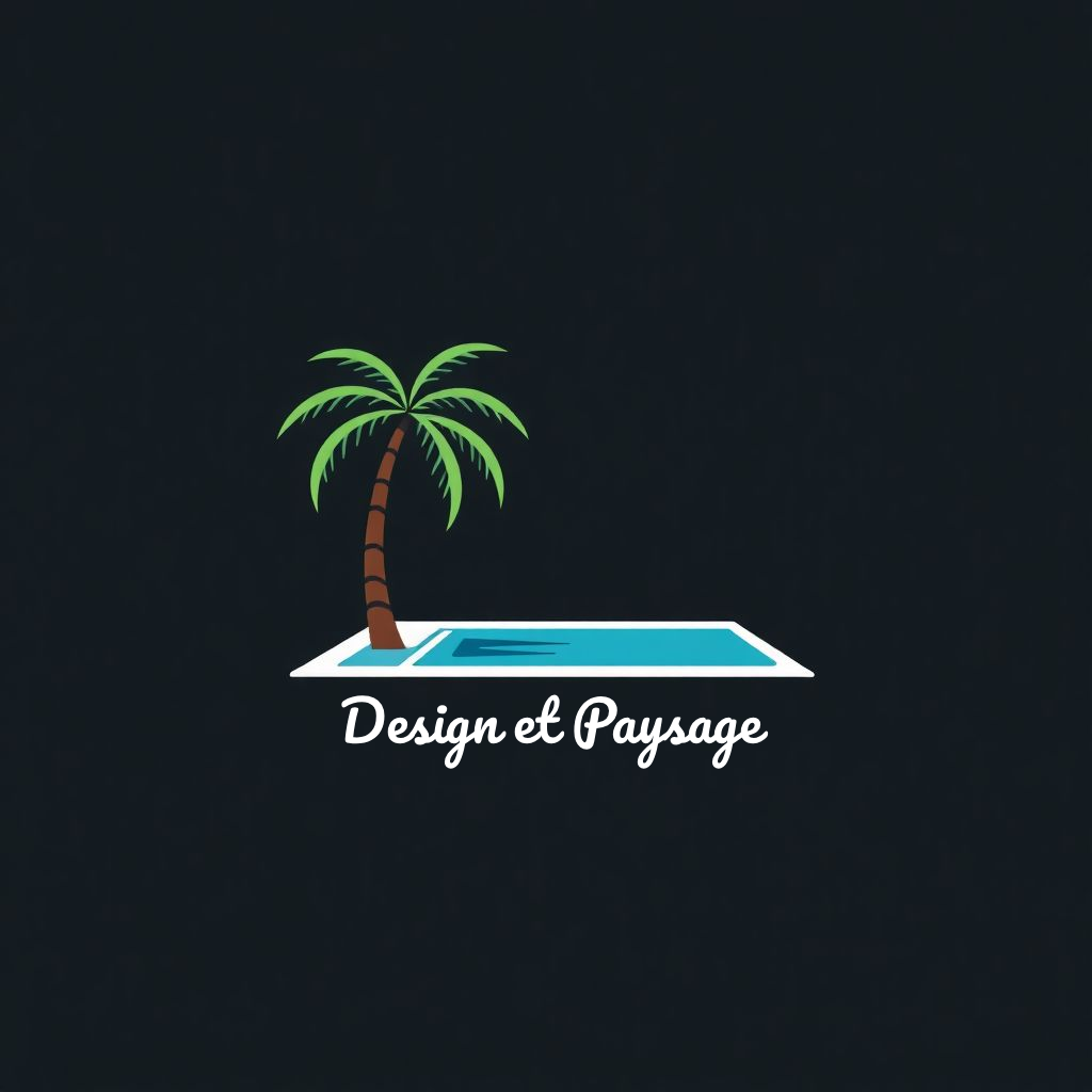 Logo design et paysage constitué d'un palmier et d'une piscine.