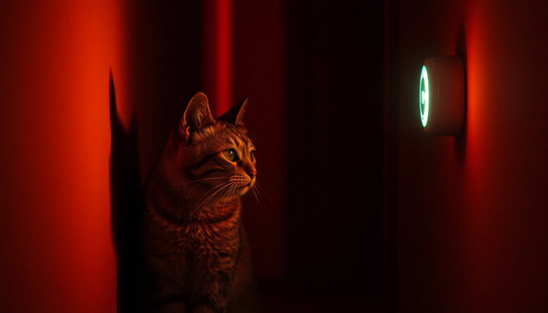 Chat se cognant contre un mur, détecteur de CO lumineux révélant un danger.