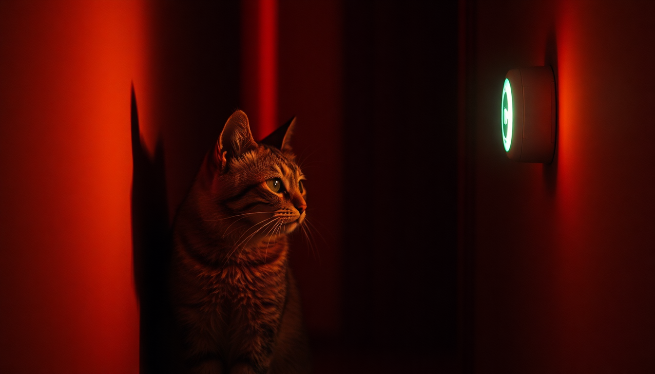 Chat se cognant contre un mur, détecteur de CO lumineux révélant un danger.