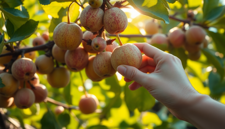 Figues vertes et immatures sur un figuier, examinées par une main