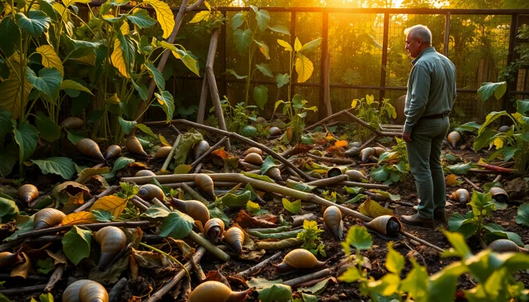 Potager dévasté par des escargots, avec des feuilles rongées et une citation exprimant le choc.