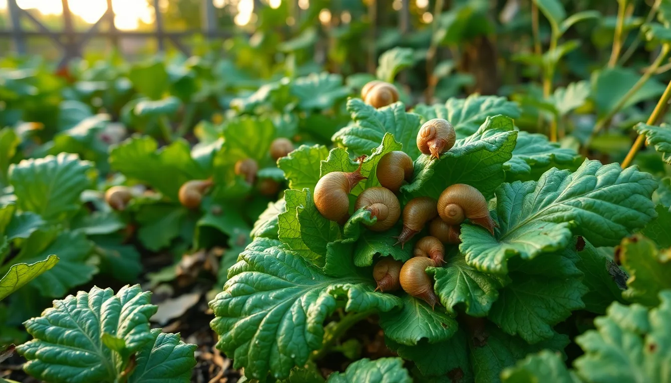 Des escargots recouvrant un potager ravagé par leur appétit.