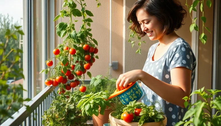 Un balcon fleuri transformé en potager productif avec des légumes.