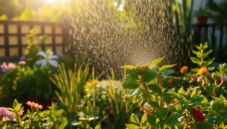 Un jardin luxuriant et en bonne santé malgré la chaleur, avec des plantes vertes et des fleurs épanouies. Une main arrose délicatement une plante avec une astuce surprenante.