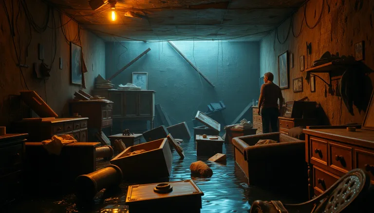 Un sous-sol rempli d'eau trouble, des meubles flottant, des personnes désemparées.