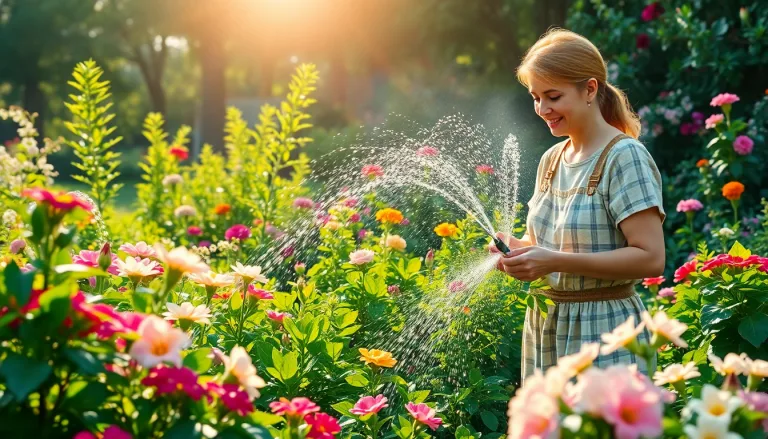 Un jardin luxuriant et verdoyant en plein été, contrastant avec une pelouse sèche à proximité.
