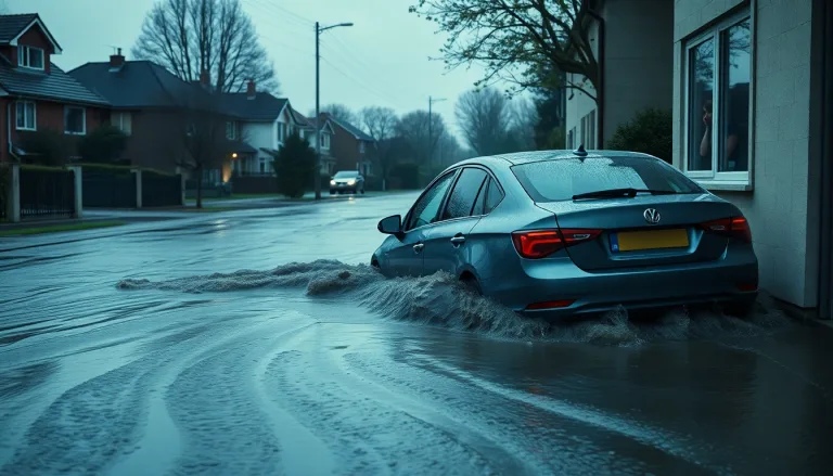 Une voiture embourbée dans une allée résidentielle après de fortes pluies, les habitants regardant depuis leur porte.