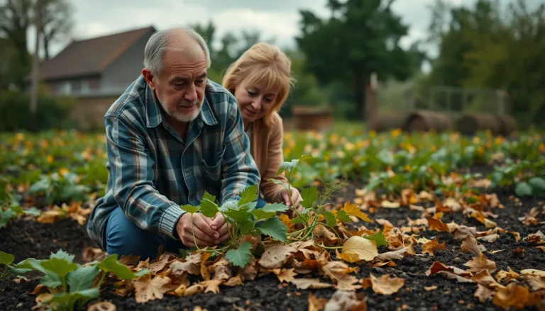 Un potager dévasté par la grêle avec des plantes brisées et arrachées
