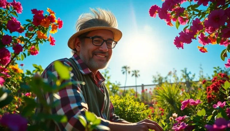 Un jardin luxuriant et verdoyant en pleine journée de forte chaleur, avec une personne souriante regardant ses plantes avec satisfaction.
