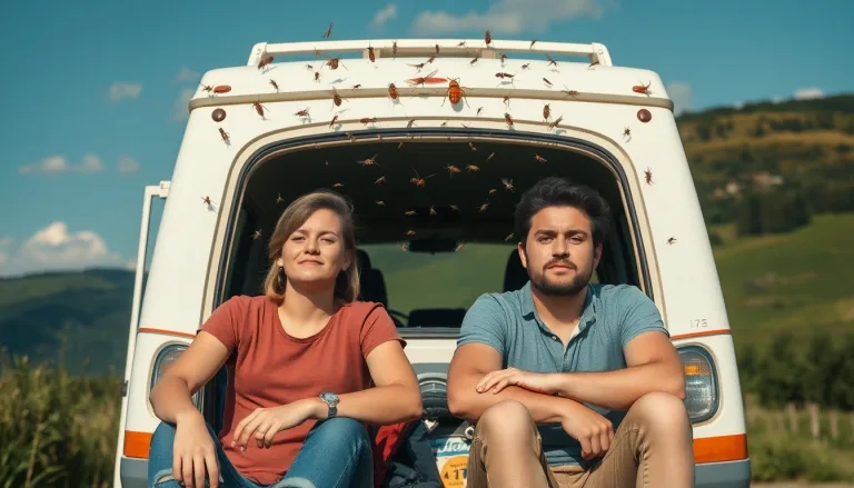 Camping-car stationné dans un paysage naturel, avec un couple regardant l'intérieur avec consternation.