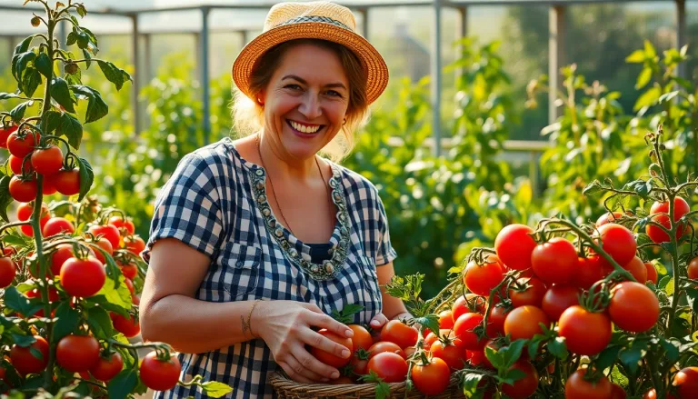 Un potager luxuriant en pleine canicule, avec une récolte abondante et un jardinier émerveillé.