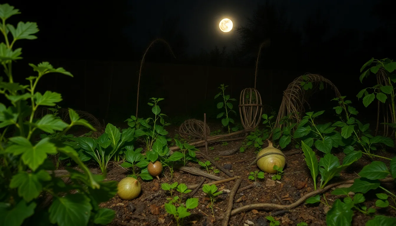 Un potager ravagé par des escargots, avec des feuilles criblées de trous et des gastéropodes visibles.