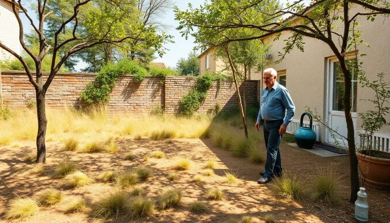 Un jardin d'été avec une pelouse complètement desséchée et craquelée, évoquant un sol transformé en ciment par la chaleur.