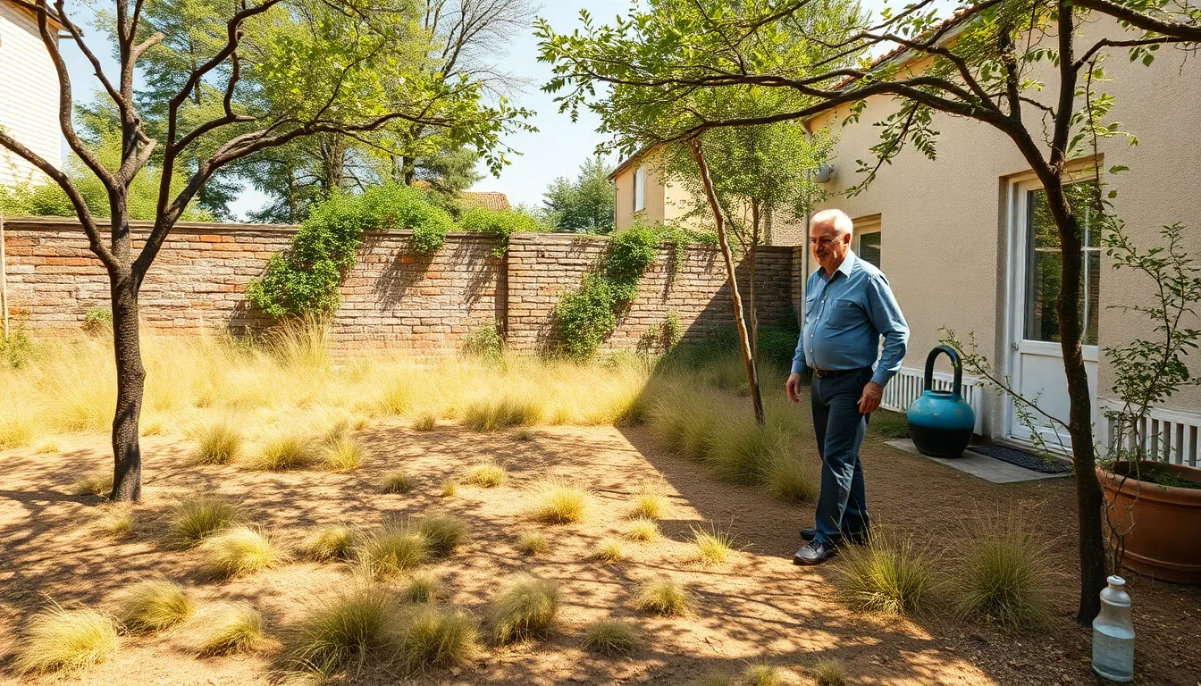Un jardin d'été avec une pelouse complètement desséchée et craquelée, évoquant un sol transformé en ciment par la chaleur.