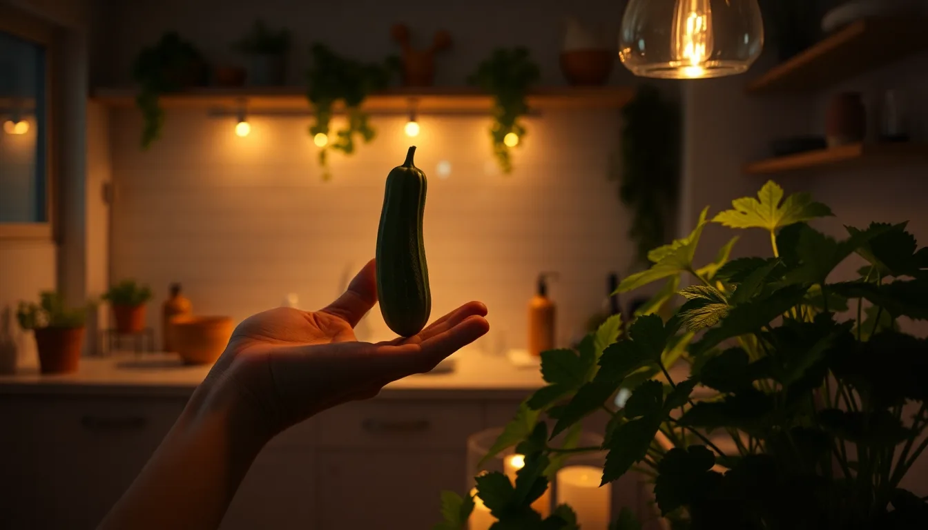 Une courgette légèrement flétrie posée à côté d'une plante en pleine croissance.