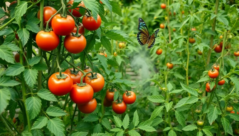 Des plants de tomates sains et vigoureux dans un jardin, avec des fruits rouges et mûrs.