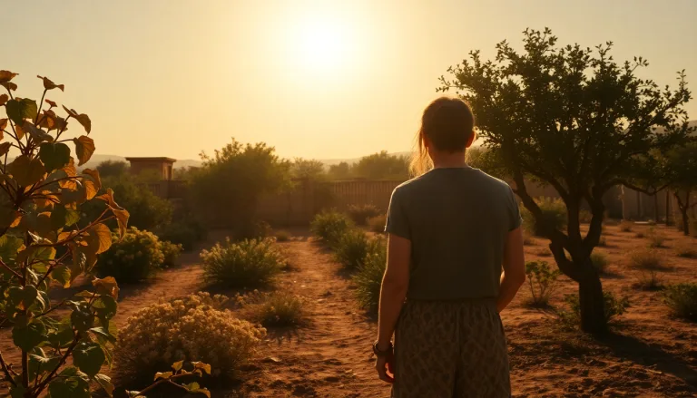 Des plantes de jardin flétries et sèches sous un soleil de plomb, symbolisant la soif et la détresse végétale.