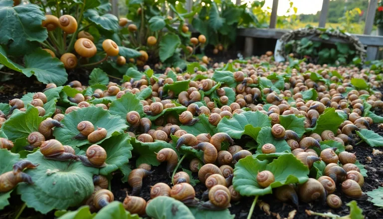 Des escargots recouvrant des plantes de potager dévastées.