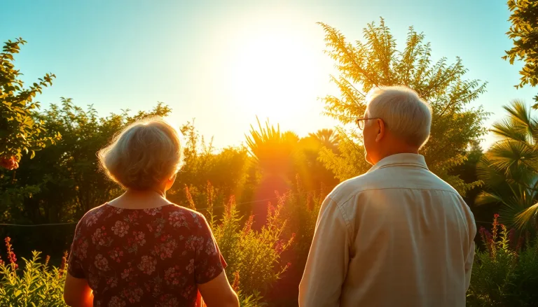 Un jardin luxuriant et fleuri contrastant avec un paysage sec à l'arrière-plan