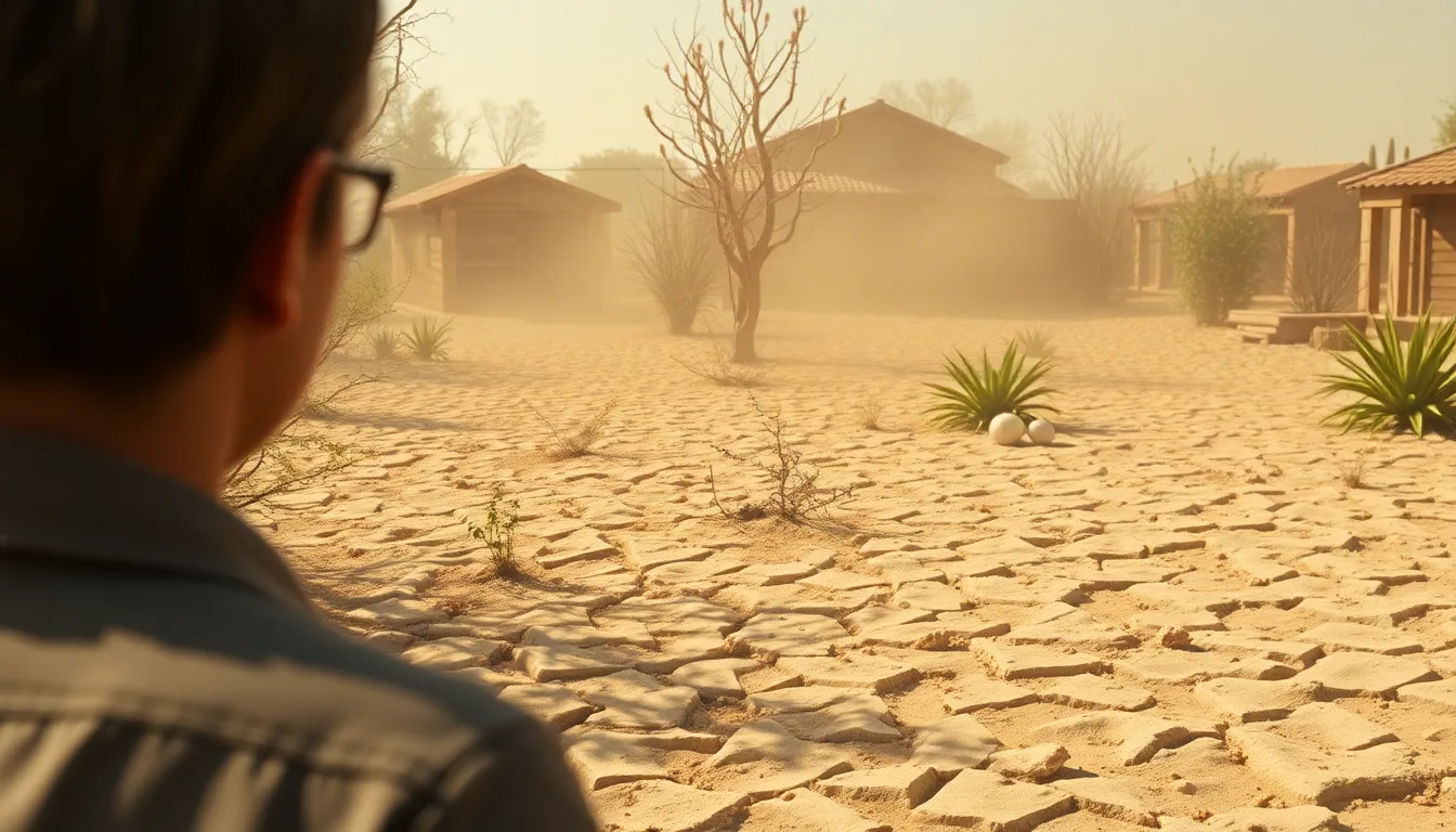 Un jardin ou un extérieur visiblement desséché, avec un sol craquelé ressemblant à du ciment.