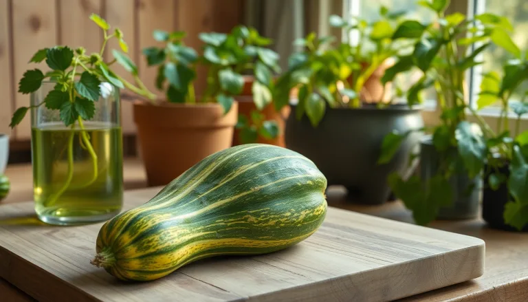 Courgette flétrie dans un réfrigérateur avec une plante verte.