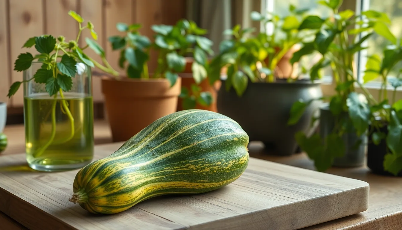 Courgette flétrie dans un réfrigérateur avec une plante verte.