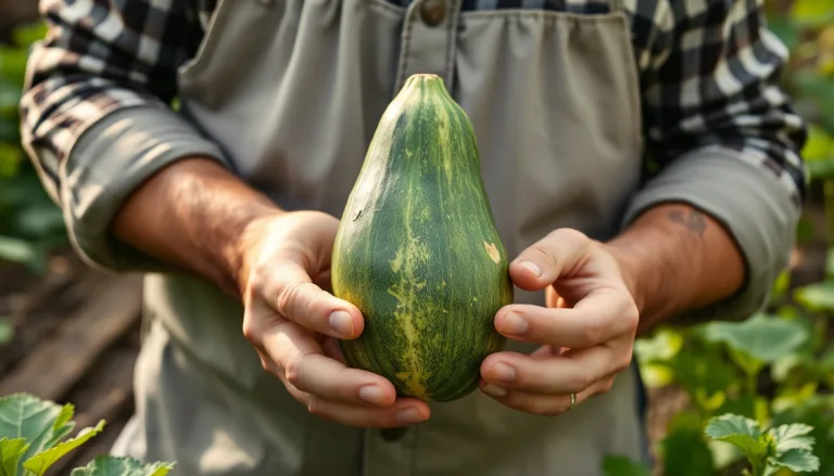 Une courgette mûre posée à côté de plantes potagères vigoureuses.