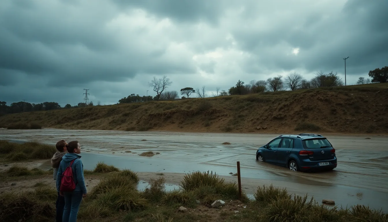 Un chemin d'accès à une maison complètement inondé et boueux après de fortes pluies.