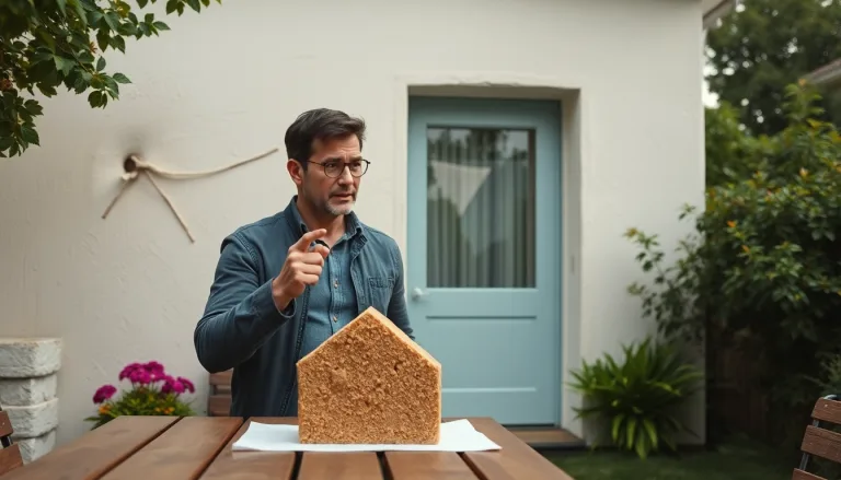 Une main pointant une fissure discrète sur un mur intérieur.