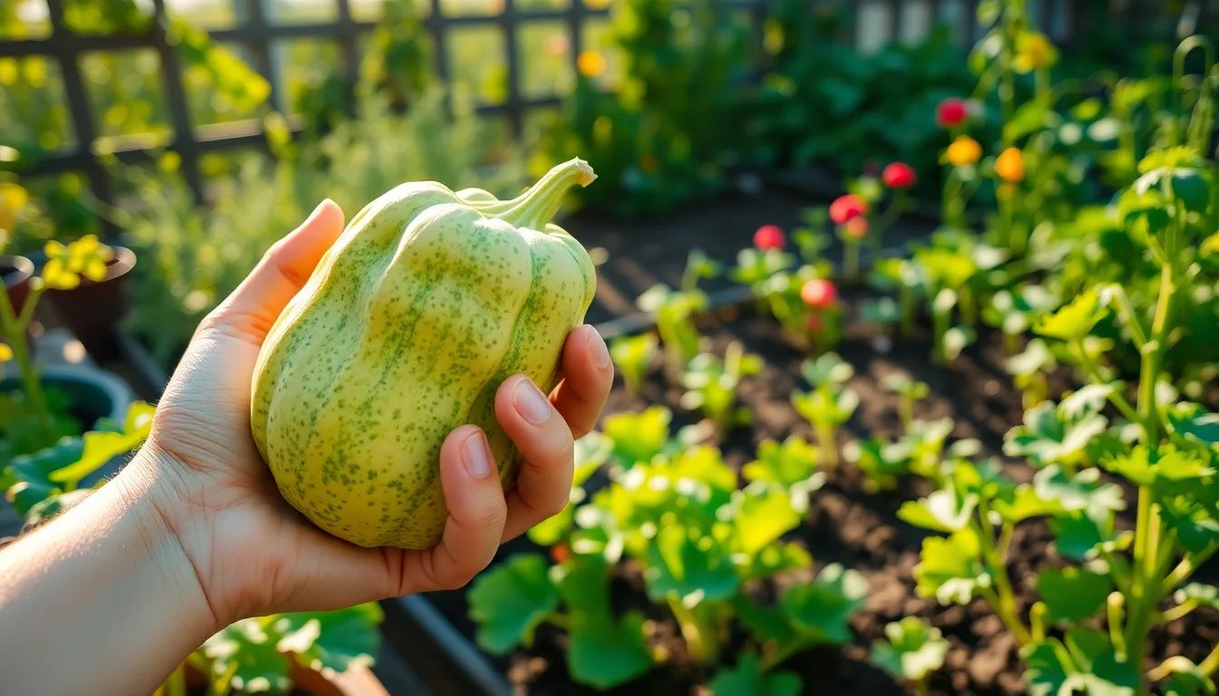 Une courgette légèrement flétrie posée près d'un potager verdoyant, avec une métaphore visuelle du secret révélé.