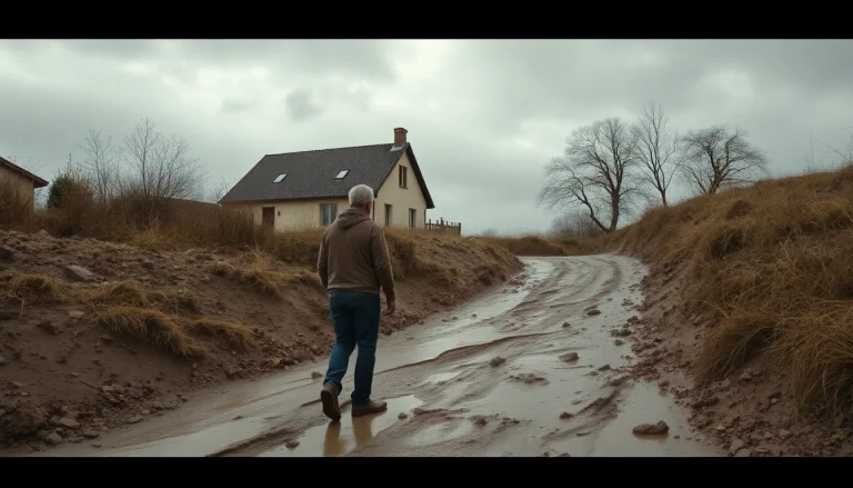 Un chemin d'accès à une maison envahi par l'eau et la boue après un orage.