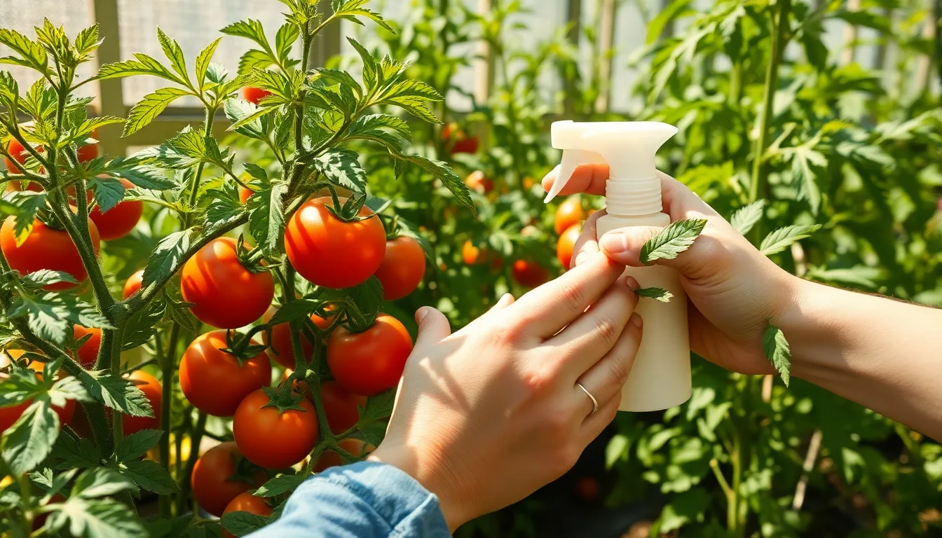 Des plants de tomates sains et productifs, avec une main tenant un produit naturel prêt à être appliqué.