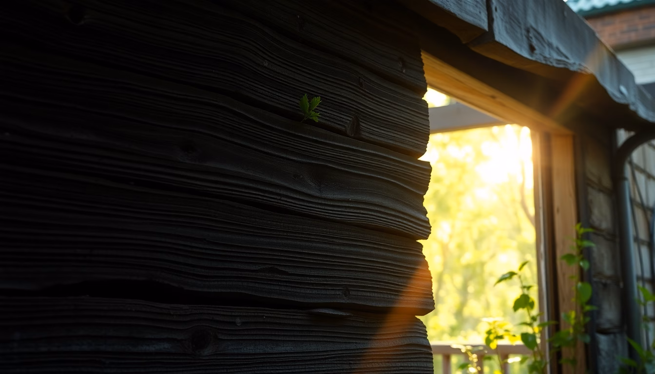 Une pile d'écorces de bois dans un garage, avec une plante luxuriante mise en avant.