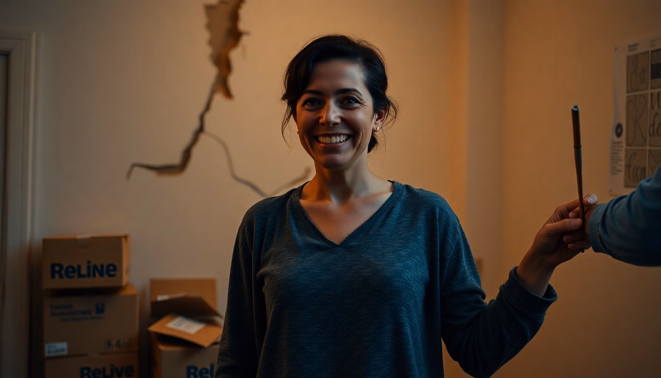 Gros plan sur un mur intérieur présentant une fissure, puis une main appliquant un produit de réparation.