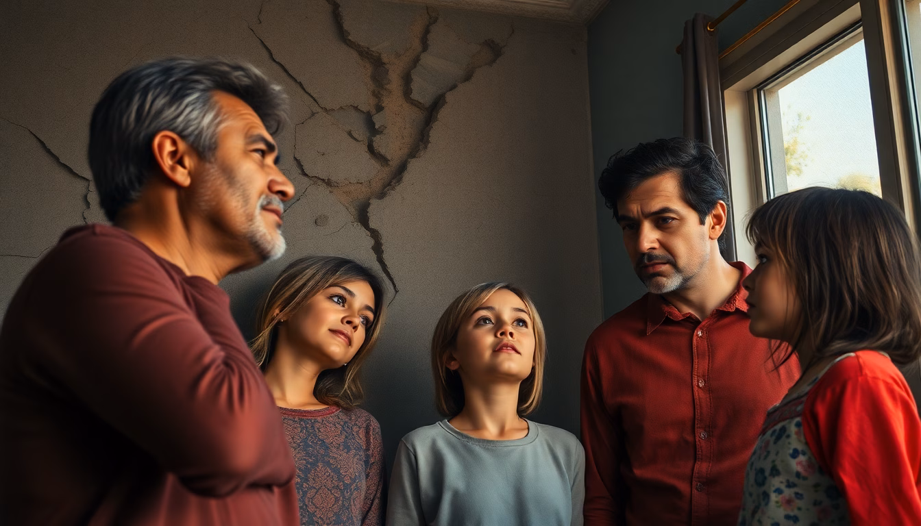 Une façade de maison présentant des fissures inquiétantes, avec des propriétaires désespérés.