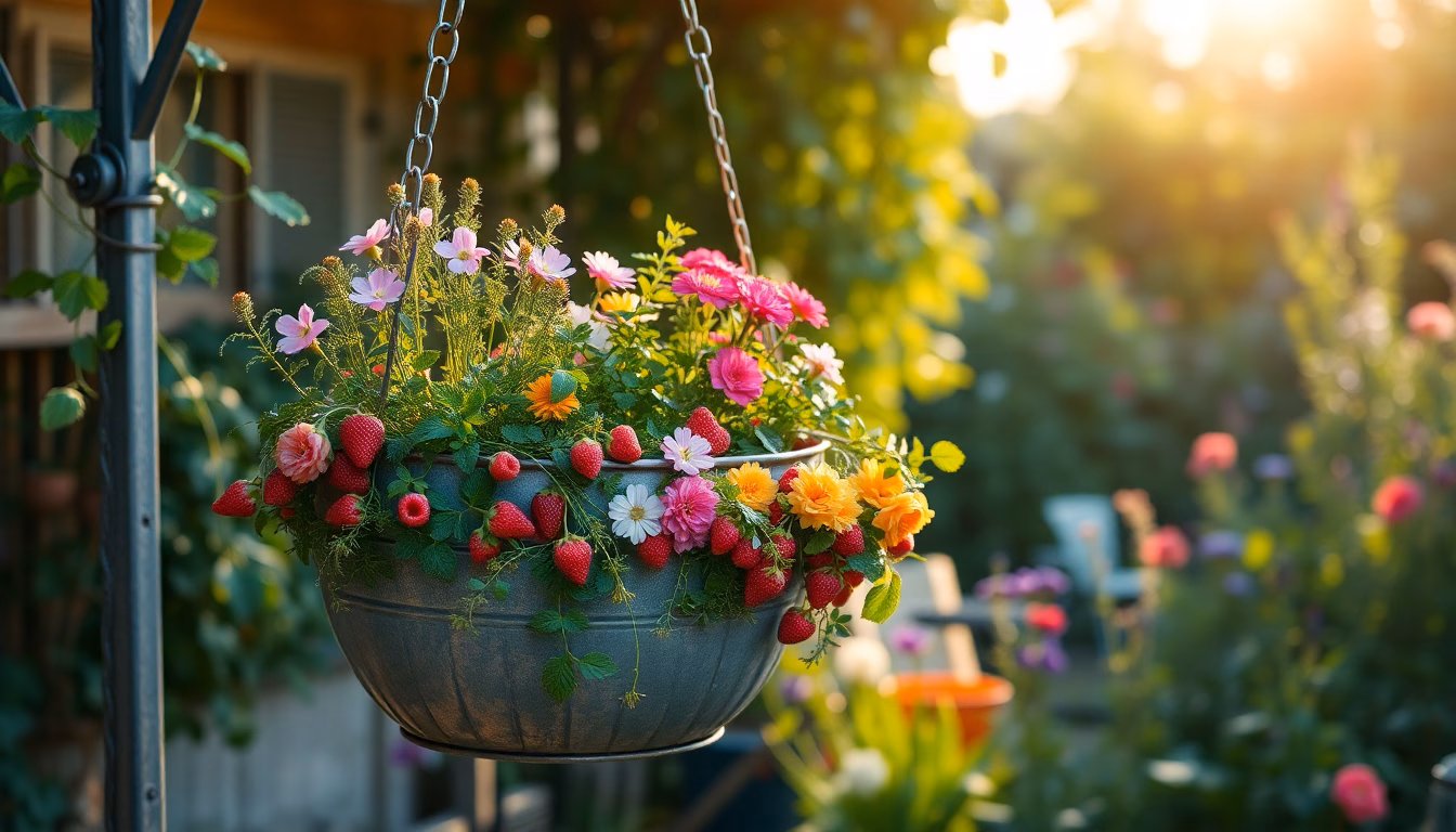 Une vieille gouttière en zinc, rouillée mais propre, utilisée comme jardinière originale dans un petit jardin.