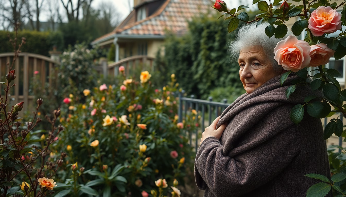 Un jardin desséché et brûlé par la canicule, avec une propriétaire visiblement désespérée.
