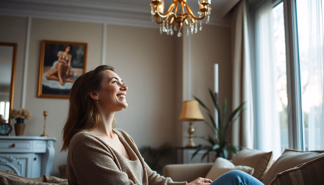 Femme souriante se relaxant dans un salon frais malgré la chaleur extérieure.