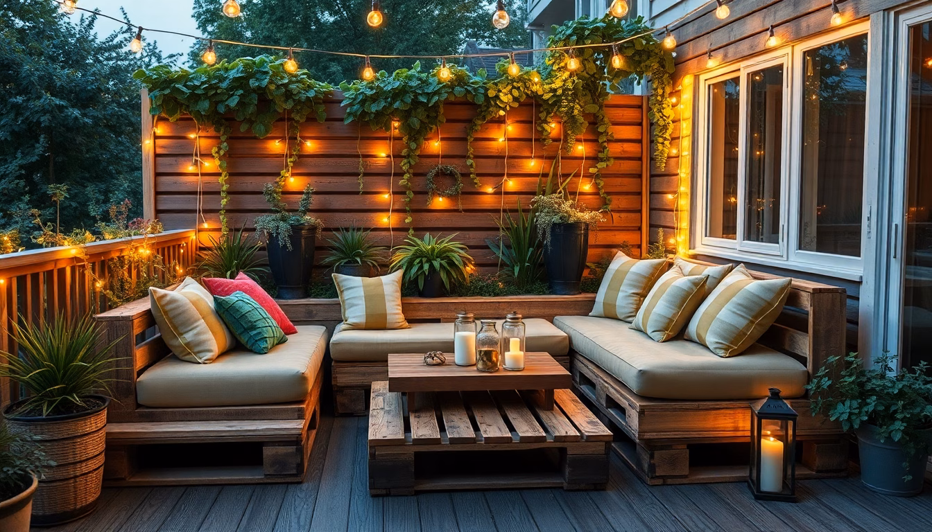 Une vieille palette en bois réutilisée de manière créative sur une terrasse.