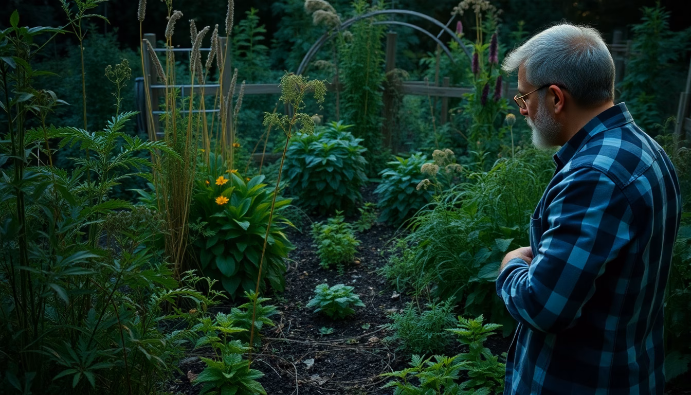 Un potager luxuriant et coloré, avec une personne souriante admirant ses récoltes abondantes.