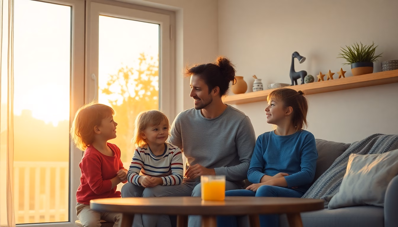 Famille souriante utilisant une astuce pour rafraîchir leur salon.
