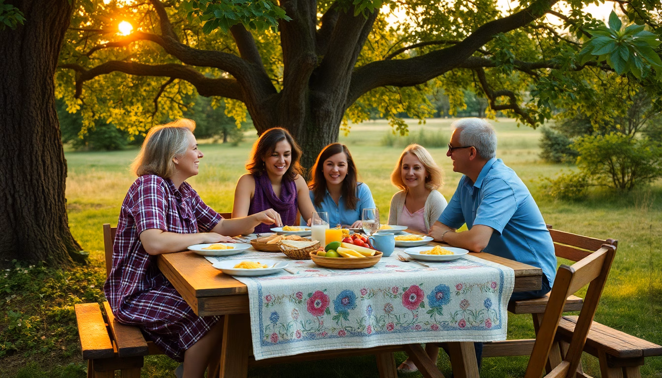 Une famille ou un groupe d'amis souriant et partageant un repas improvisé à l'intérieur d'une maison, avec une table dressée de manière simple et chaleureuse.