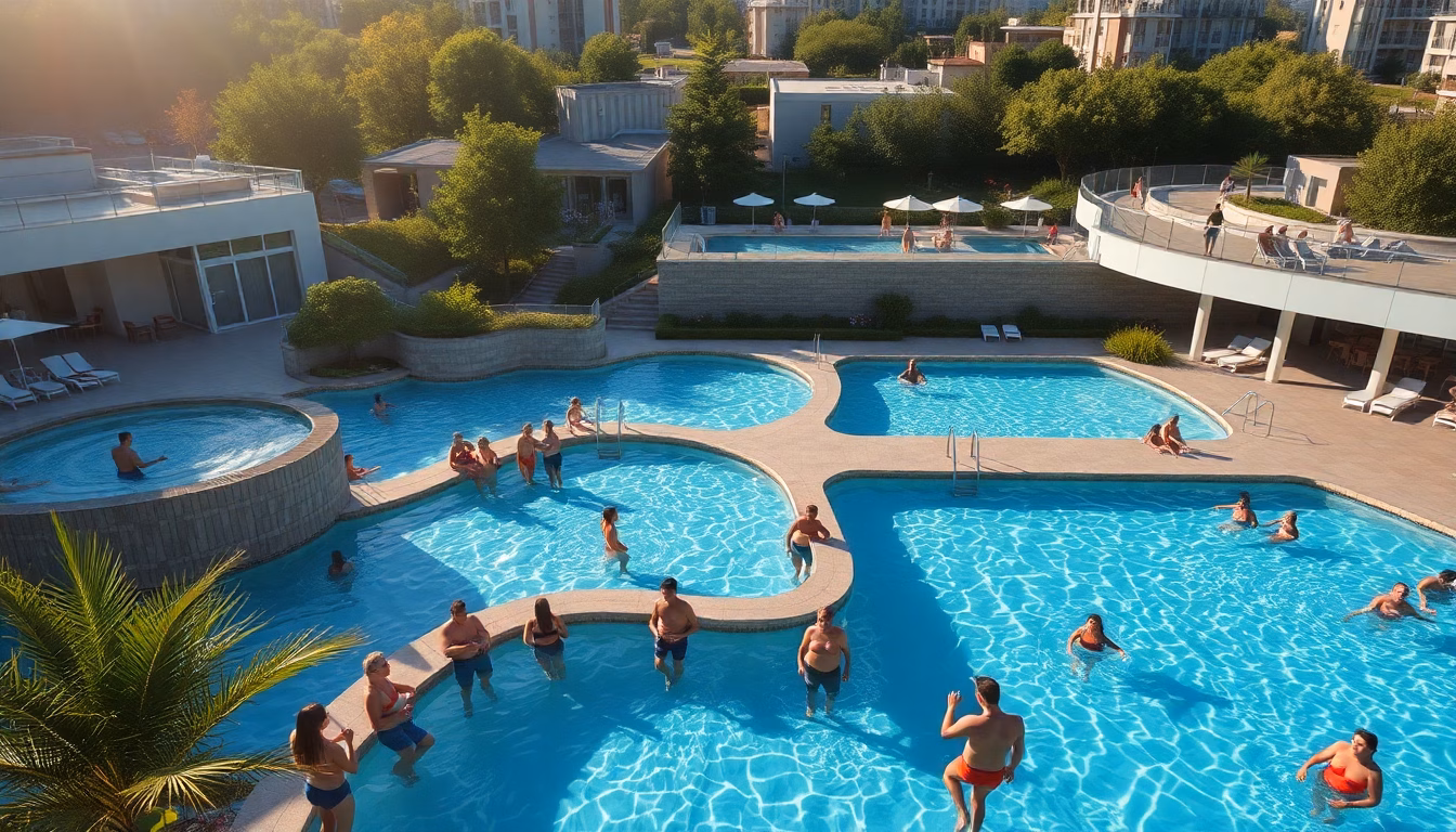 Communauté profitant d'une piscine extérieure partagée