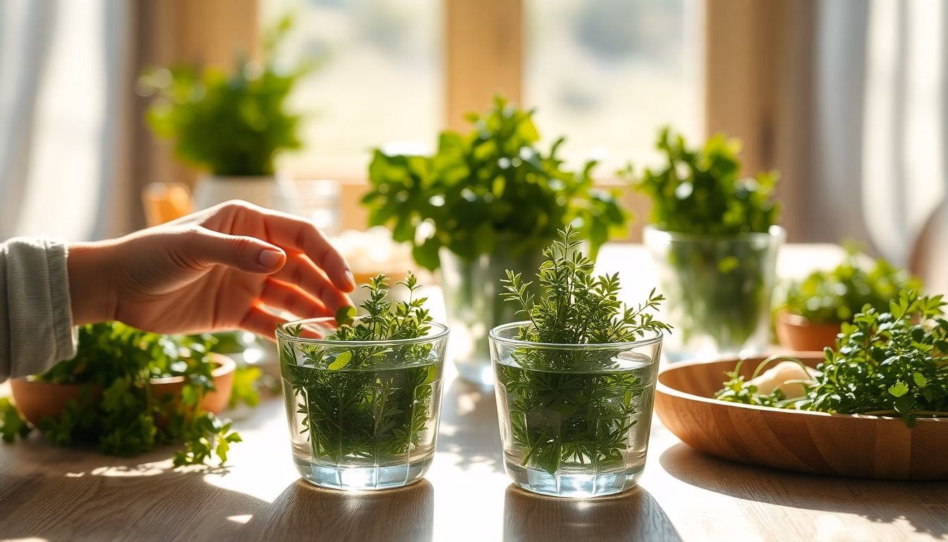 Un bouquet de fines herbes fraîches disposées joliment sur un plan de travail de cuisine, hors du réfrigérateur
